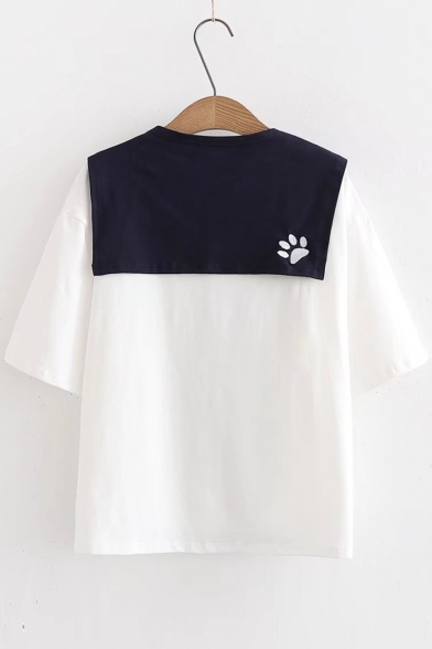 Sailor Collar Cat's Paw Embroidered Short Sleeve Tee