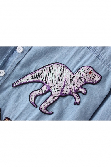 Sequined Dinosaur Applique Lapel Collar Long Sleeve Buttons Down Shirt
