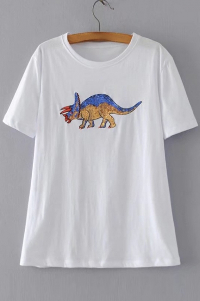 

Sequined Dinosaur Printed Round Neck Short Sleeve Tee, LC472006