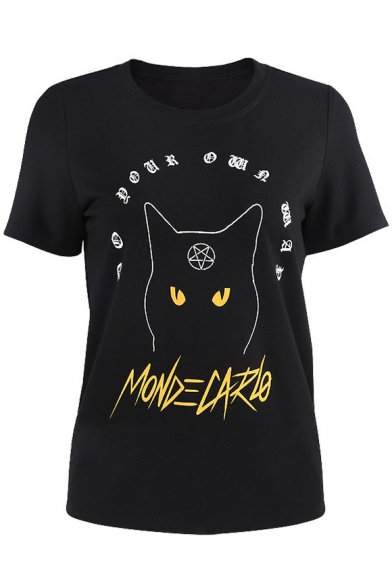Street Style Cat Letter Printed Round Neck Short Sleeve Tee