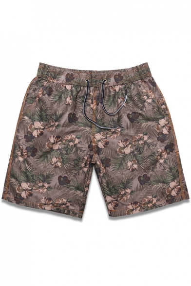 Top Rated Big Mens Brown Floral Print Swim Trunks Shorts with Drawcord and Mesh Brief