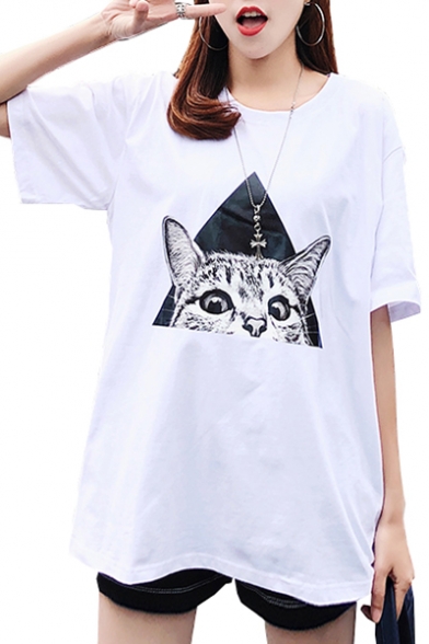 Triangle Cat Printed Round Neck Short Sleeve Tee
