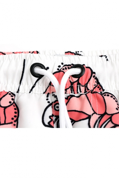 White Awesome Shrimp Pattern Swimming Trunks with Mesh Lining and Pockets