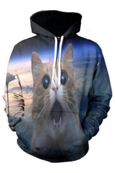 Amazed Cat Cloud Pattern Long Sleeve Pocket Hoodie for Couple