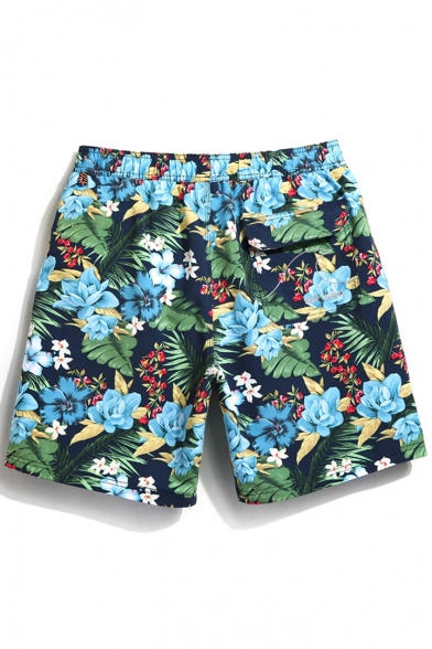 Awesome Fast Dry Men's Navy Blue Floral Tropical Print Swimming Shorts with Mesh Brief Liner