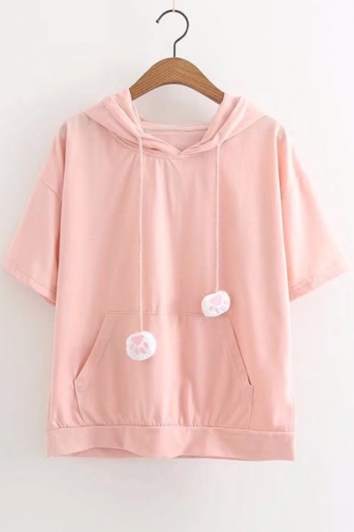 Cartoon Cat Embroidered Short Sleeve Pocket Front Plain Hoodie