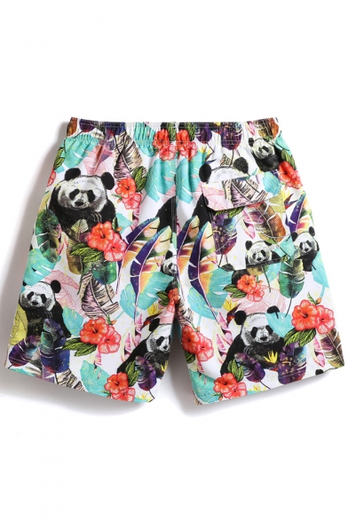 Cute Elastic Colorful Tropical Panda Stretch Swim Trunks for Men with Mesh Lining and Pockets