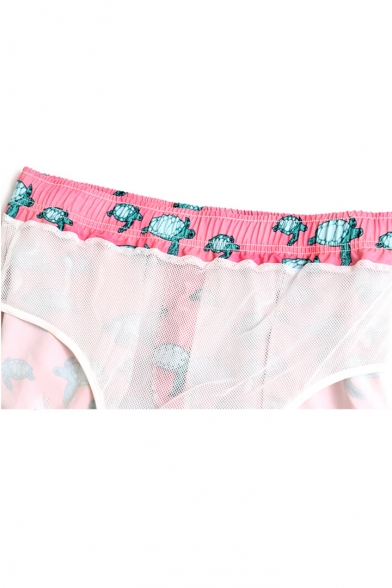 Cute Pink Turtle Printed Stretch Bathing Suit Trunks with Mesh Brief