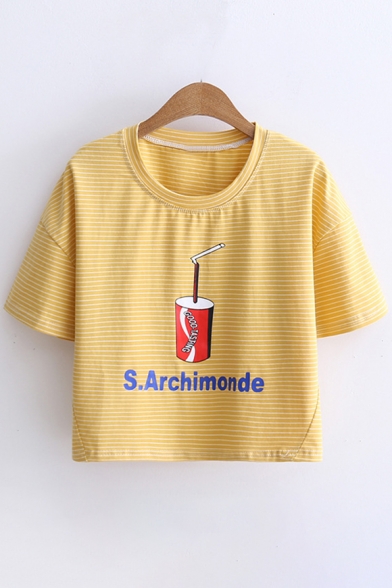 Drink Letter Printed Round Neck Short Sleeve Striped Crop Tee