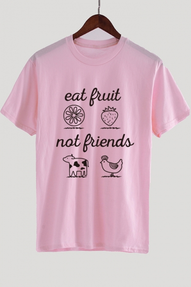 EAT FRUIT Letter Fruit Animal Printed Round Neck Short Sleeve Tee