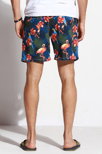 Fashion Navy Blue Fast Drying Floral Flamingo Tropical Printed Drawstring Bathing Shorts Men with Mesh Brief