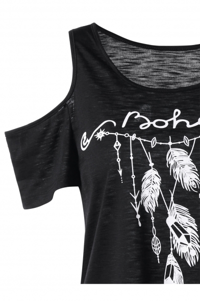 Feather Printed Round Neck Cold Shoulder Short Sleeve Tee
