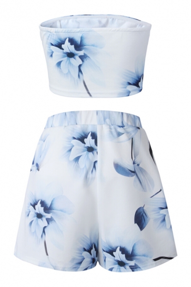 Floral Printed Crop Bandeau with Elastic Waist Loose Shorts Co-ords