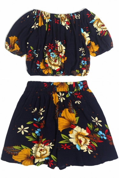 Floral Printed Off The Shoulder Short Sleeve Crop Top with Elastic Waist Loose Shorts Co-ords