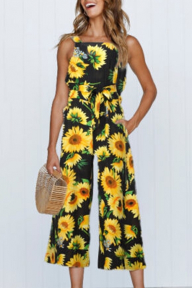 

Floral Printed Sleeveless Wide Leg Jumpsuit, Blue;white;yellow