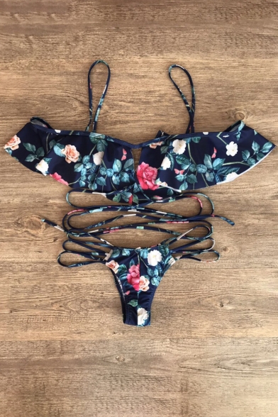 Floral Printed Spaghetti Straps Ruffle Hem Top Cutout Side Bottom Bikini