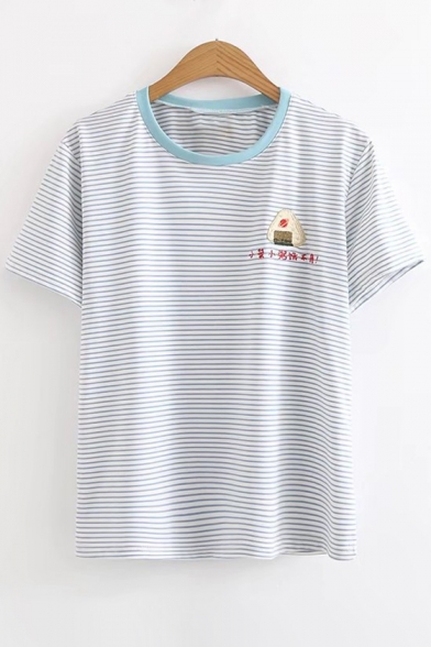 Food Chinese Embroidered Round Neck Short Sleeve Striped Tee