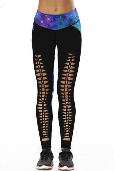 Galaxy Printed Color Block Hollow Out Detail Front Skinny Leggings
