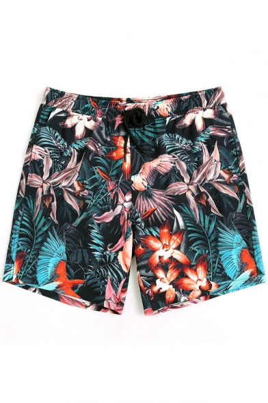 Hot Men's Black Floral Swim Trunks Beachwear with Drawcord and Mesh Liner