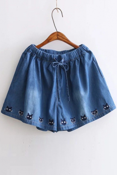 Leisure Cat Embroidered Drawstring Waist Loose Denim Shorts