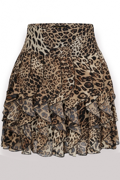 Leopard Printed Pleated Elastic Waist Mini Chiffon Skirt