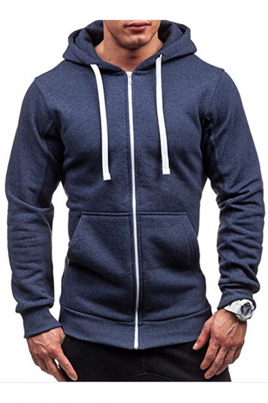 Long Sleeve Plain Zip Up Hoodie with Pockets