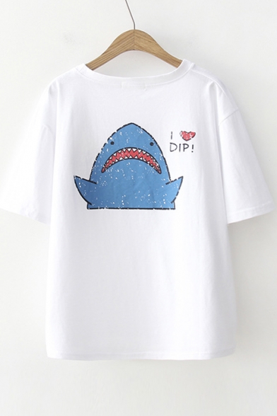 OH BOY Letter Shark Printed Round Neck Short Sleeve Tee
