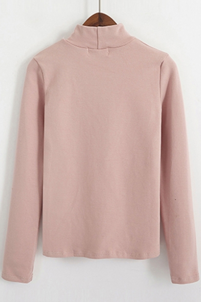 Peach Embroidered High Neck Long Sleeve Tee