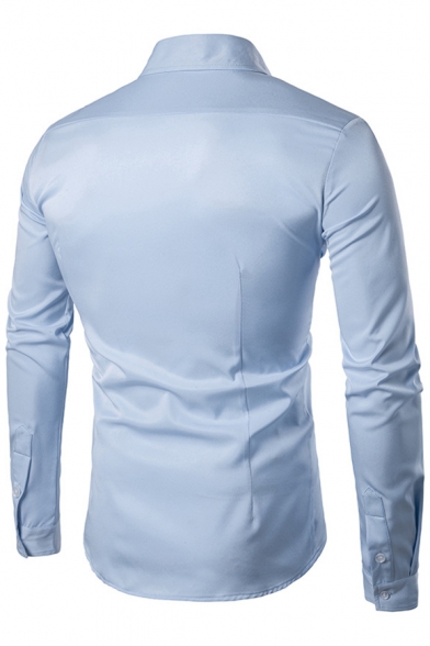 Plain Lapel Collar Long Sleeve Buttons Down Slim Casual Shirt
