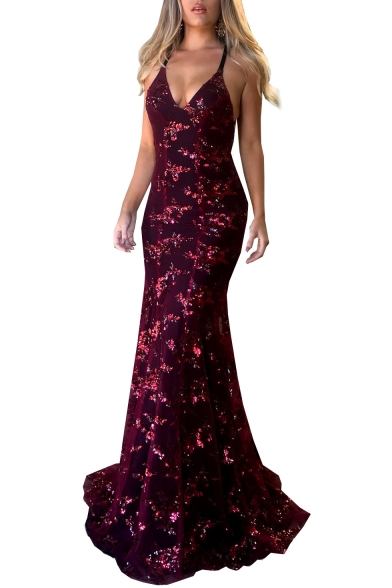 Sequined Embellished Spaghetti Straps Lace Up Back Sleeveless Maxi Party Dress