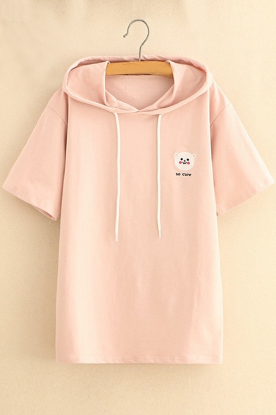 SO CURE Letter Bear Embroidered Short Sleeve Hooded Tee