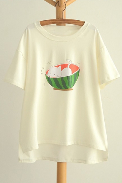 Watermelon Cat Printed Dip Hem Short Sleeve Round Neck Tee