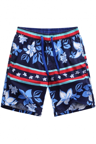 Best Mens Navy Blue Summer Floral Print Swim Trunks Bathing Shorts with Back Flap Pockets