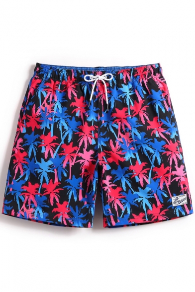 Blue Red and Black Drawstring Palm Tree Pattern Bathing Short Trunks for Male with Mesh Liner