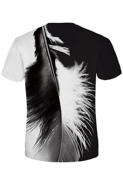 Color Block Feather Printed Round Neck Short Sleeve Tee