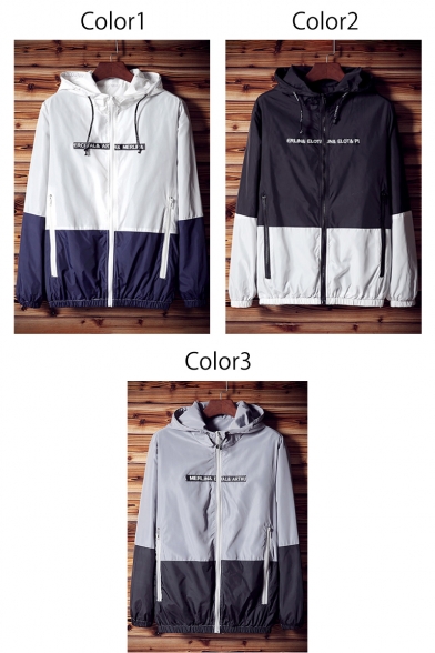 Color Block Letter Printed Long Sleeve Zip Up Sun Proof Hooded Coat
