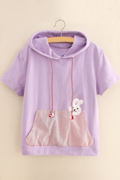 Color Block Striped Printed Pocket Rabbit Embroidered Short Sleeve Hooded Tee