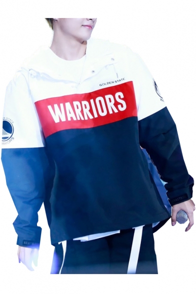 Color Block WARRIORS Letter Printed Long Sleeve Buttons Embellished Hoodie