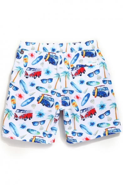 Cool Big and Tall Drawcord White Men's Floral Palm Stretch Swimming Trunks with Mesh Lining
