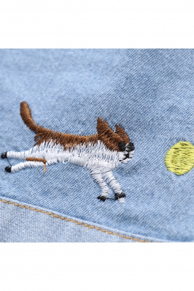 Dog Embroidered Drawstring Waist Loose Denim Shorts