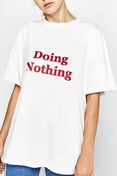 DOING NOTHING Letter Printed Round Neck Short Sleeve Tee