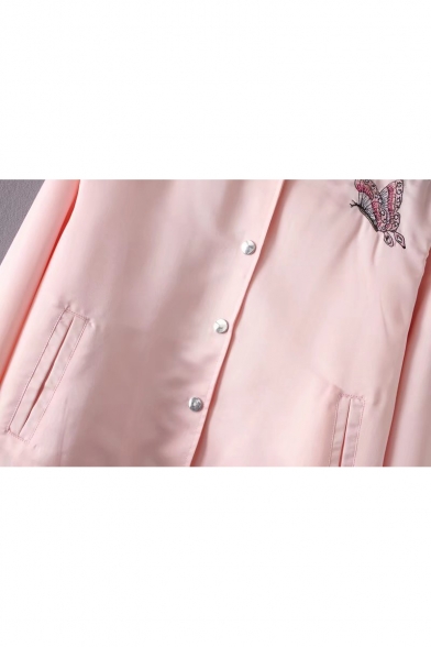Floral Butterfly Embroidered Contrast Striped Stand Up Collar Log Sleeve Buttons Down Baseball Jacket