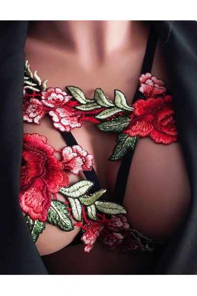 Floral Embroidered Embellished Hollow Out Straps Harness Bra Top