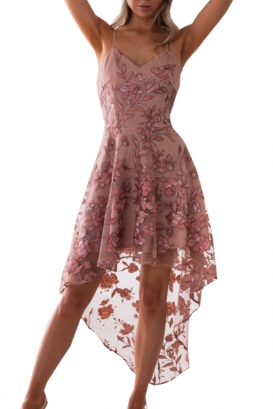Floral Embroidered Mesh Insert Spaghetti Straps Sleeveless Midi Asymmetric Hem Dress