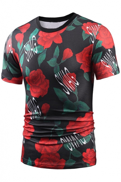 Floral SWAG Letter Printed Round Neck Short Sleeve Tee