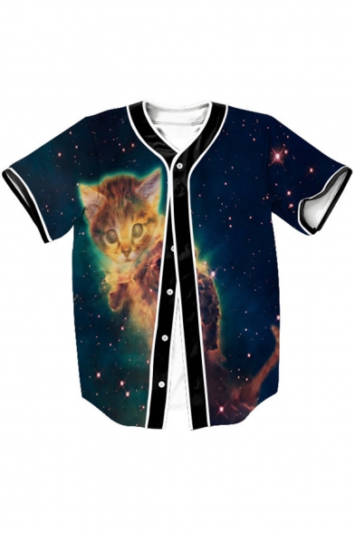 Galaxy Cat Printed Short Sleeve Buttons Down Baseball Tee