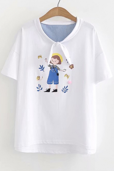 Girl Printed Tie Front Round Neck Short Sleeve Tee