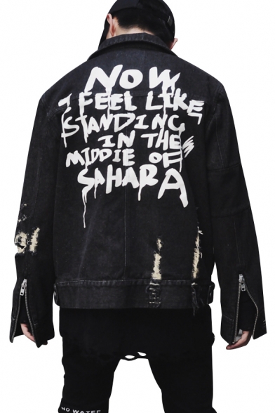 Graffiti Letter Printed Back Cut Out Lapel Collar Long Sleeve Buttons Down Denim Jacket