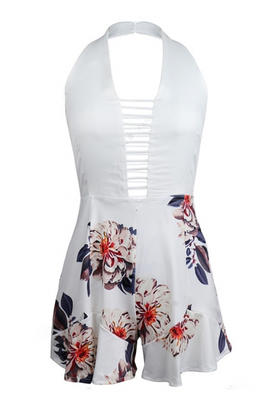 Hollow Out Halter Sleeveless Color Block Floral Printed Romper