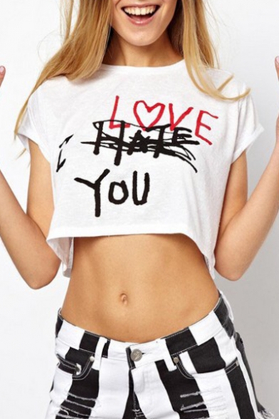 I LOVE YOU Letter Printed Round Neck Short Sleeve Cropped Tee